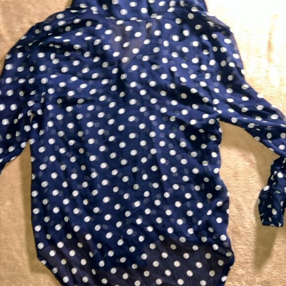Living Doll Women Small Blue‎ White Dot Sheer Button Down Long Sleeve Blouse (U) - Picture 7 of 7